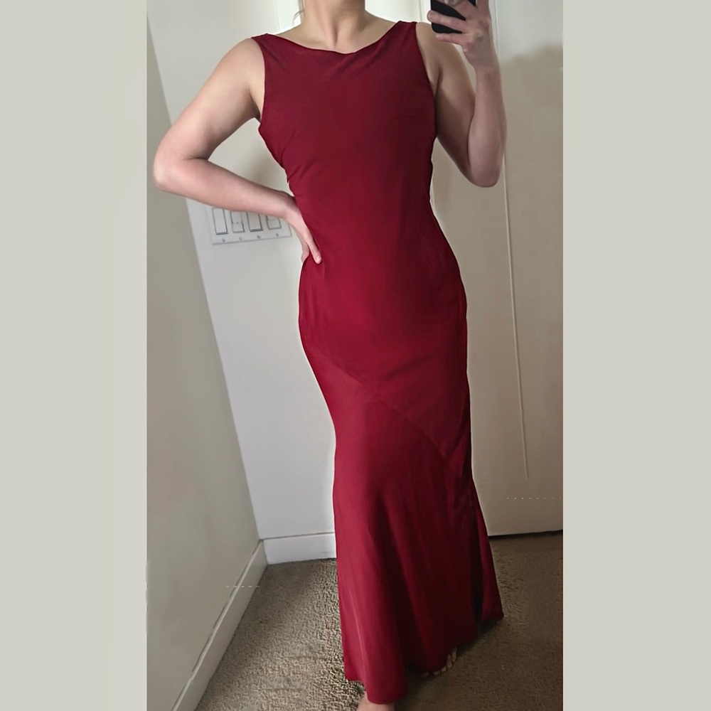 Vintage Long Dress / Gown Dark Ruby Red scoop back high cowl neck sleeveless
